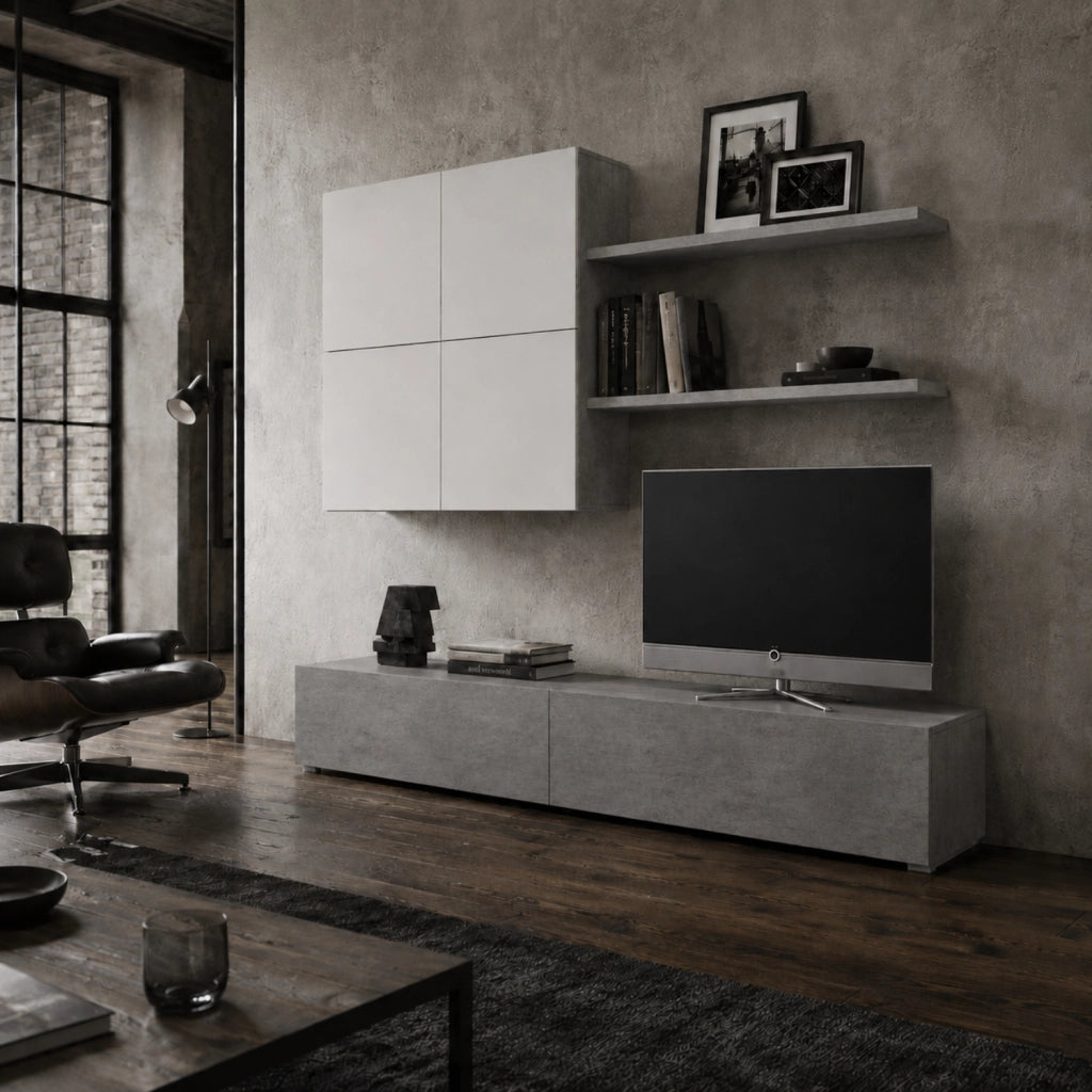 Parete Attrezzata Mobile Soggiorno Moderno Con Base TV 2 Ante Pensile 4 Ante e 2 Mensole Design Contemporaneo in Melaminico Facile da Pulire 200 x 194 x 40 cm Bianco e Grigio Cemento