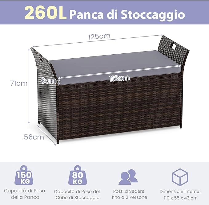 Baule da Giardino 260 L in Rattan PE, Cassapanca Contenitore da Esterno con Cuscino e Maniglie Laterali, per Interni e Esterni, 125 x 56 x 71 cm (Modello 10)