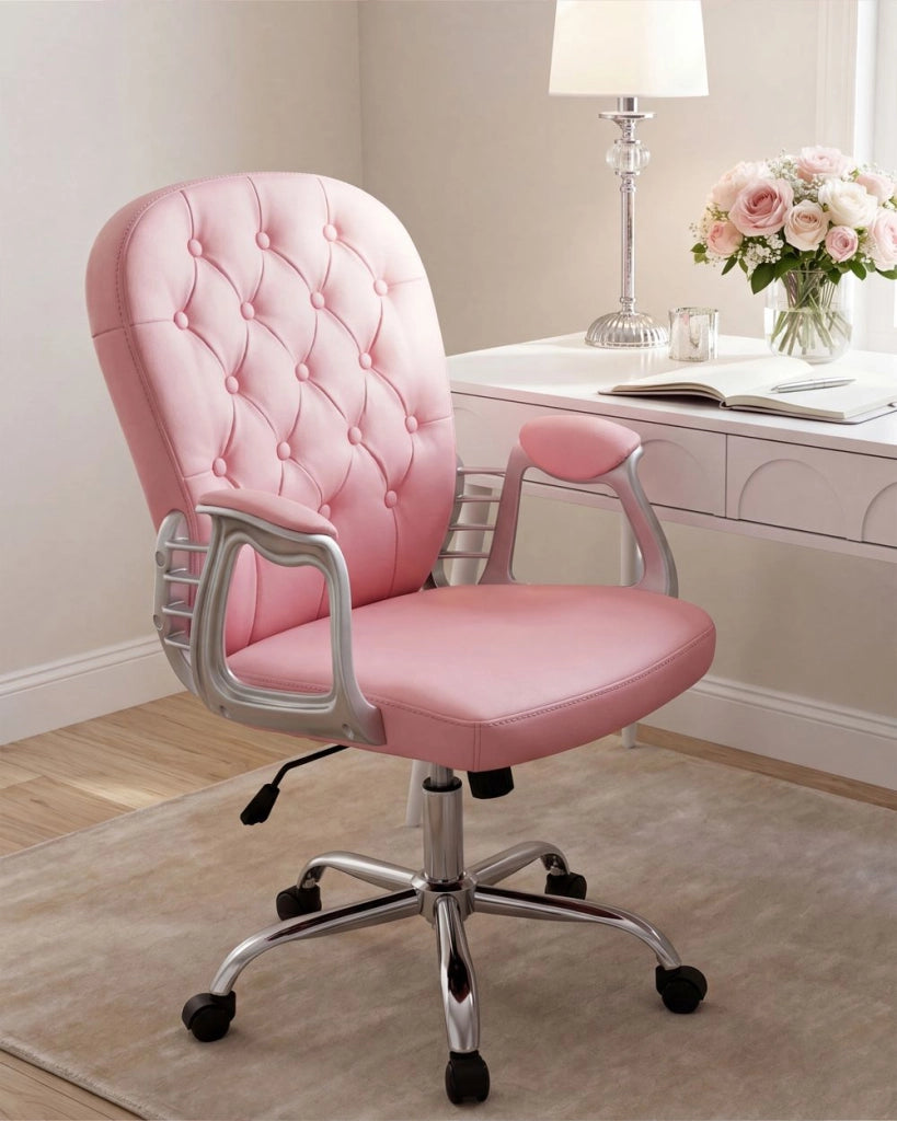 Sedia da ufficio in ecopelle rosa con pulsante regolabile in altezza con alzata a gas con schienale capitonnè e rotazione completa
