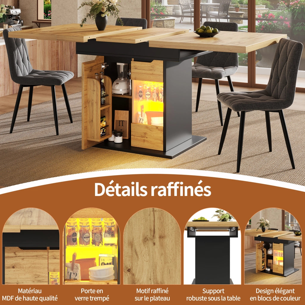 Tavolo da Pranzo per 4-6 Persone con Allunga; LED; Vano Contenitore e Ante in Vetro; MDF; 110-140x80x76 cm