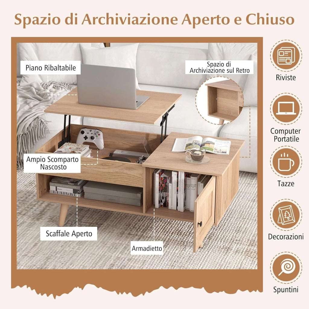 Tavolino da Caffè con Piano Sollevabile e Ripostiglio, Tavolino da Salotto con Armadietto, Comparto Nascosto e Mensola Aperta, Tavolino da Studio e Ufficio, 100 x 50 x 46 cm (Legno)