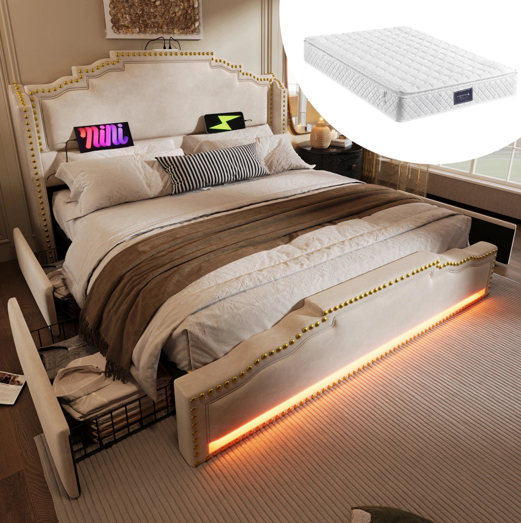Letto matrimoniale 160x200 cm in velluto beige con LED; USB Type-C; 4 cassetti e materasso