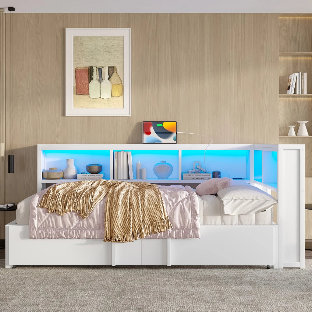 LETTO Divano 90x200 cm con letto estraibile, 5 armadietti, LED, USB, Bianco