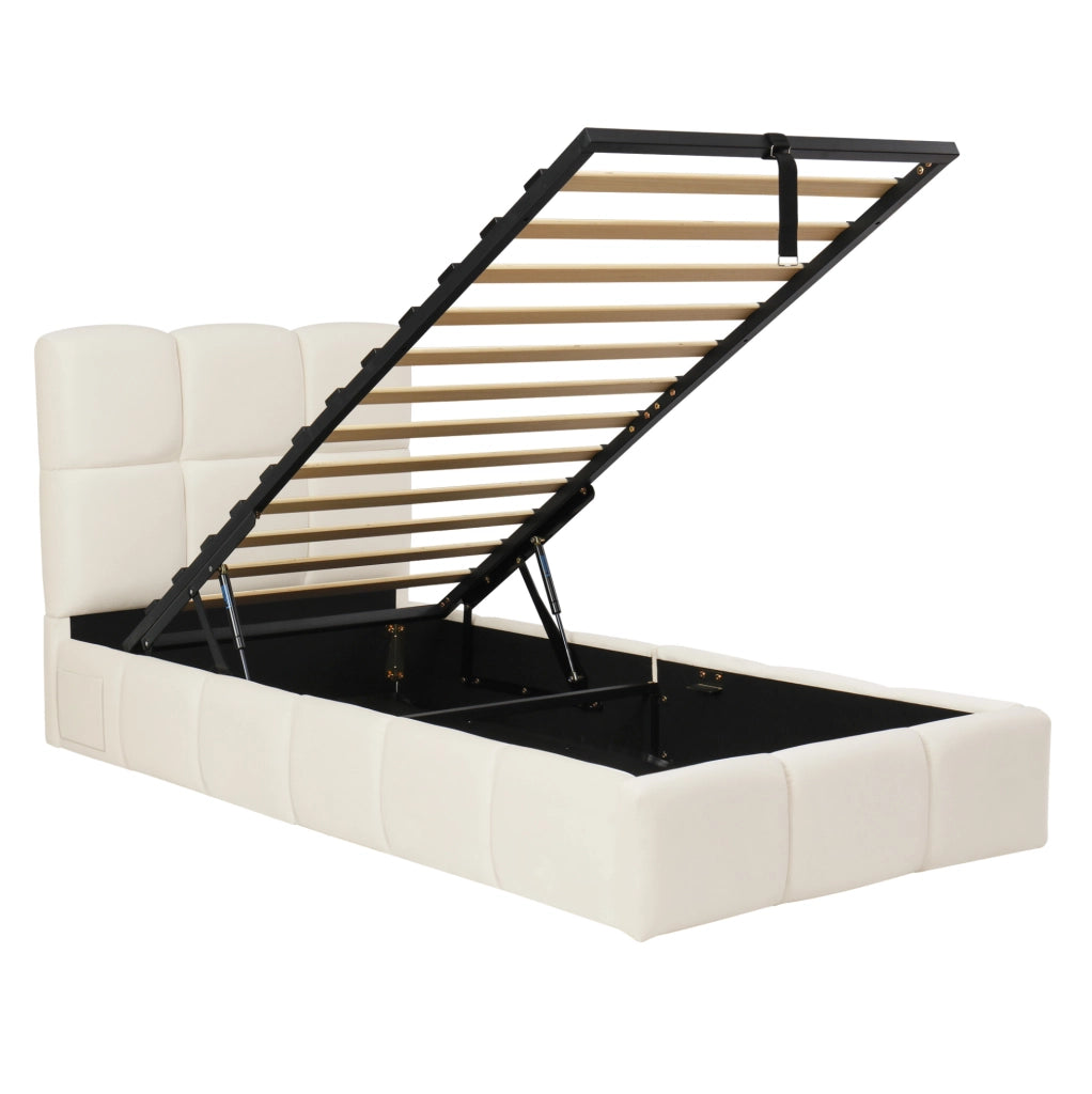 Letto singolo imbottito con contenitore, testiera USB e rete a doghe 90x200 cm