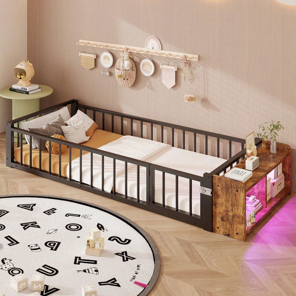 Letto in metallo con cassetti LED 90x200 MDF nero e metallo