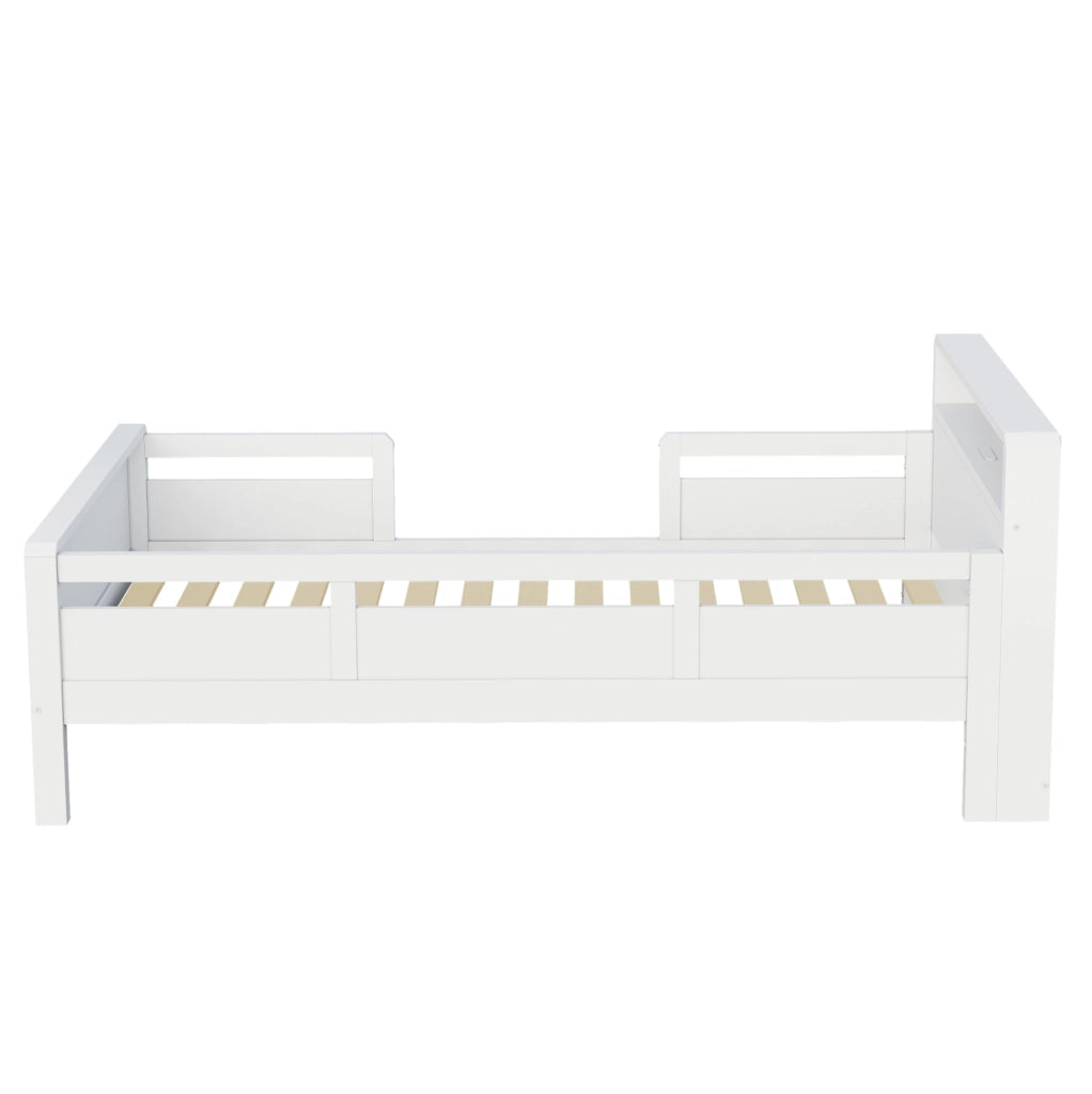 Letto singolo 90x200 cm con luce LED e presa USB e Type-C; testiera con ripiano; legno bianco