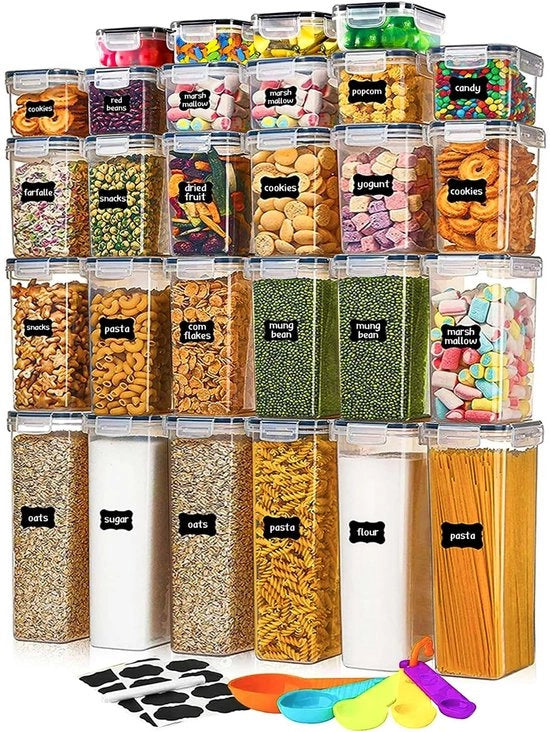 Set di contenitori a chiusura ermetica 28 pz, resistenti all'aria, BPA-free, contenitori trasparenti per la conservazione di alimenti, per la cucina, la dispensa, l'organizzatore e la conservazione, in plastica, organizzatore per la dispensa