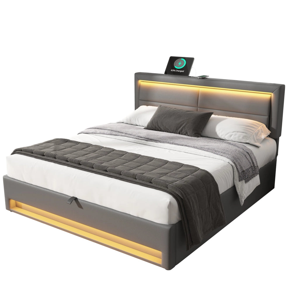 Letti contenitori 140x190 cm USB e LED con contenitore PU grigio (Senza materasso)
