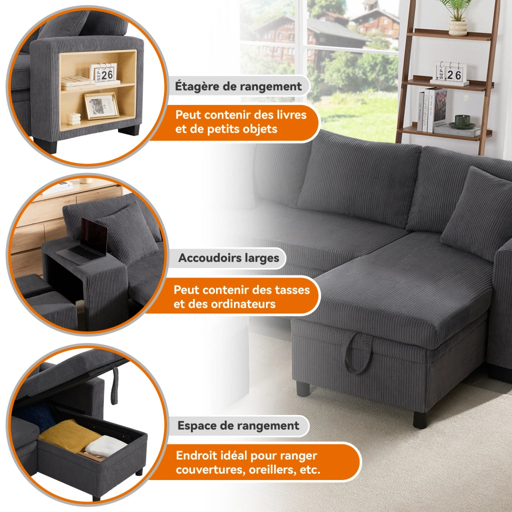 Divano Angolare Convertibile 3-4 Posti con Letto, USB e USB-C, Contenitore, Scaffale, Velluto a Coste Grigio