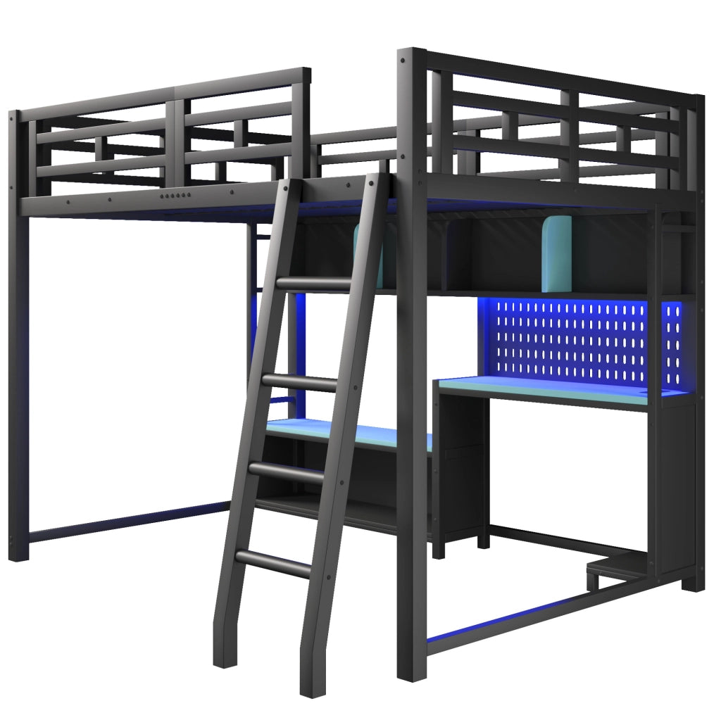 LETTO a soppalco 140x200 cm stile gaming con scrivania LED e ripiani nero