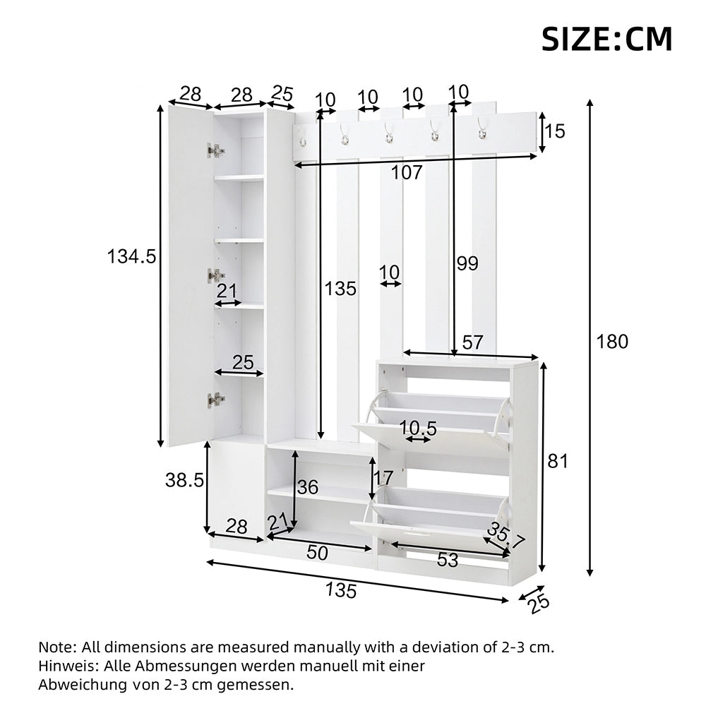 Vestiaire con specchio - Xylo - 135x25x180cm - Bianco - Compatto con 2 armadietti scarpe e 2 armadi