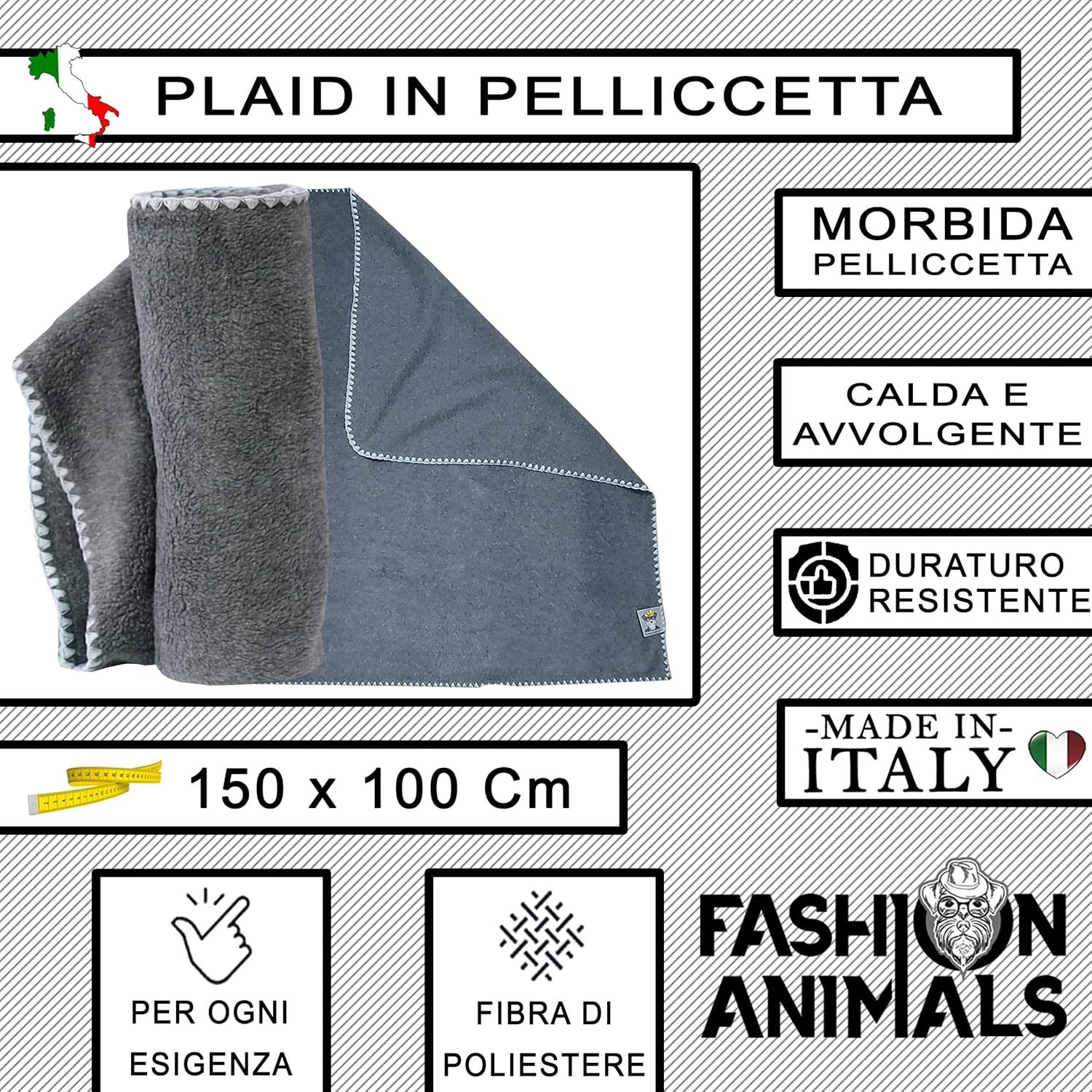 Plaid per cani e gatti - Pelliccetta Sintetica - Coperta morbida e lavabile 150x100 cm - Elegante e resistente - Made in Italy (Grigio)