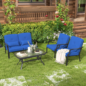 4 Pezzi Set di Mobili da Giardino, con Cuscini e Tavolino in Vetro Temperato, Struttura in MetalloSet di Divani da Esterno per Giardino Cortile e Piscina (Blu)