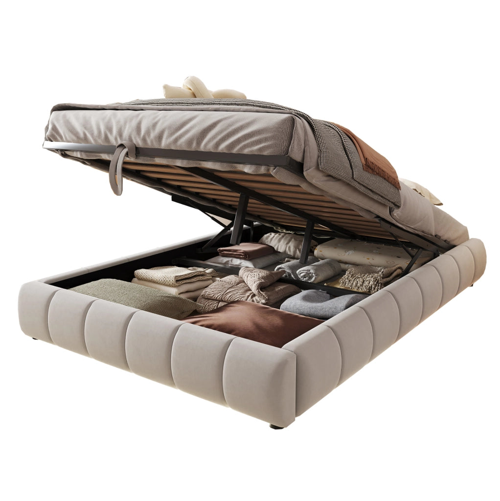 Letto imbottito 140x200 cm senza testiera con LED bianco; contenitore idraulico; beige