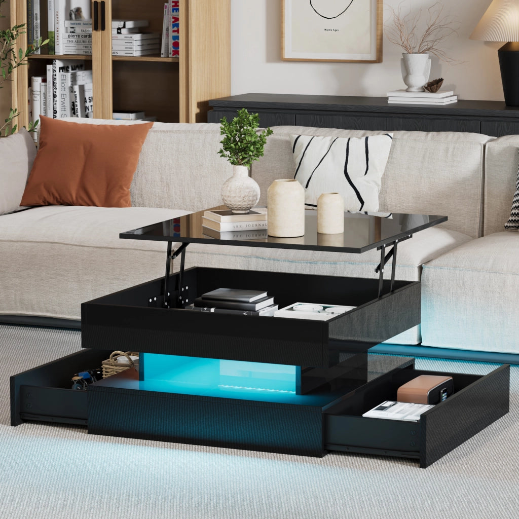 Tavolino Da Salotto Sollevabile con 2 Cassetti e Vano Nascosto LED per Soggiorno 65 × 65 × 38,5 cm