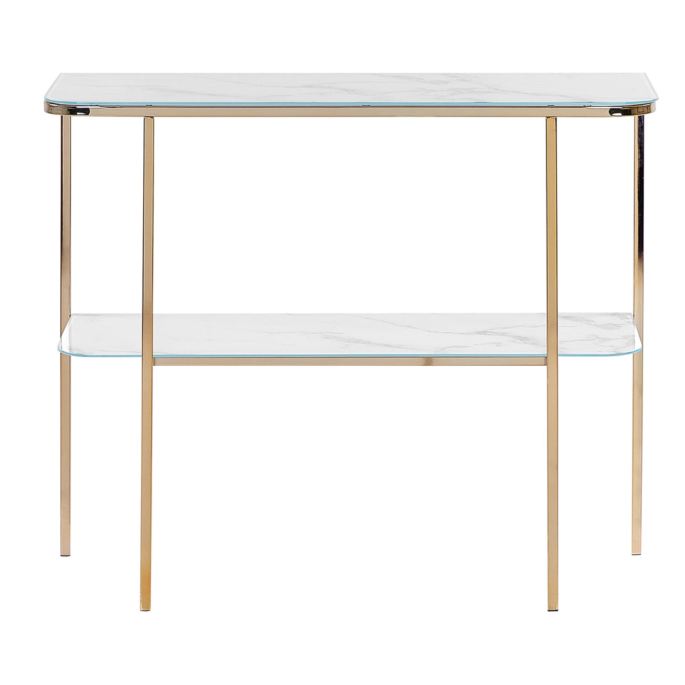 Consolle dorato Bianco Vetro Temperato Acciaio 100 x 35 cm Effetto Marmo Glam Moderno Soggiorno Camera Da Letto Corridoio