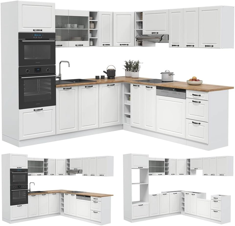 Cucina angolare completa R-Line, Bianco casa di campagna, 247 x 60 cm, PL Rovere, per disposizione flessibile ed espansione modulare