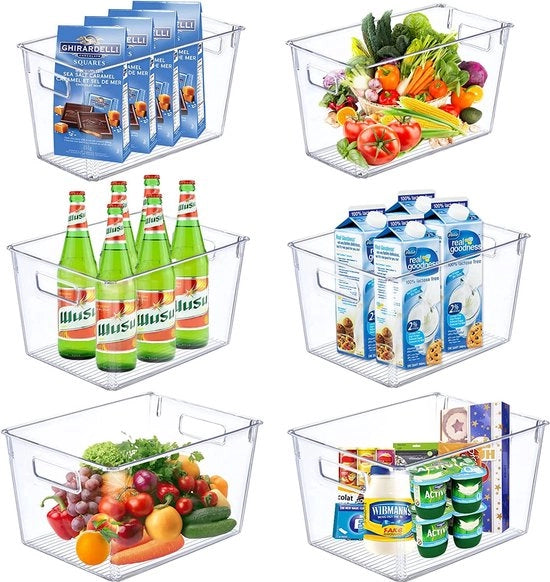 Organizzatore per Frigorifero, Set da 6, Contenitore di Deposito di Cucina di Alta Qualità con Maniglia, Scatola di Deposito Transparente Stivata, Ideale per la Cucina, il Frigorifero, la Cucina degli Speziali.