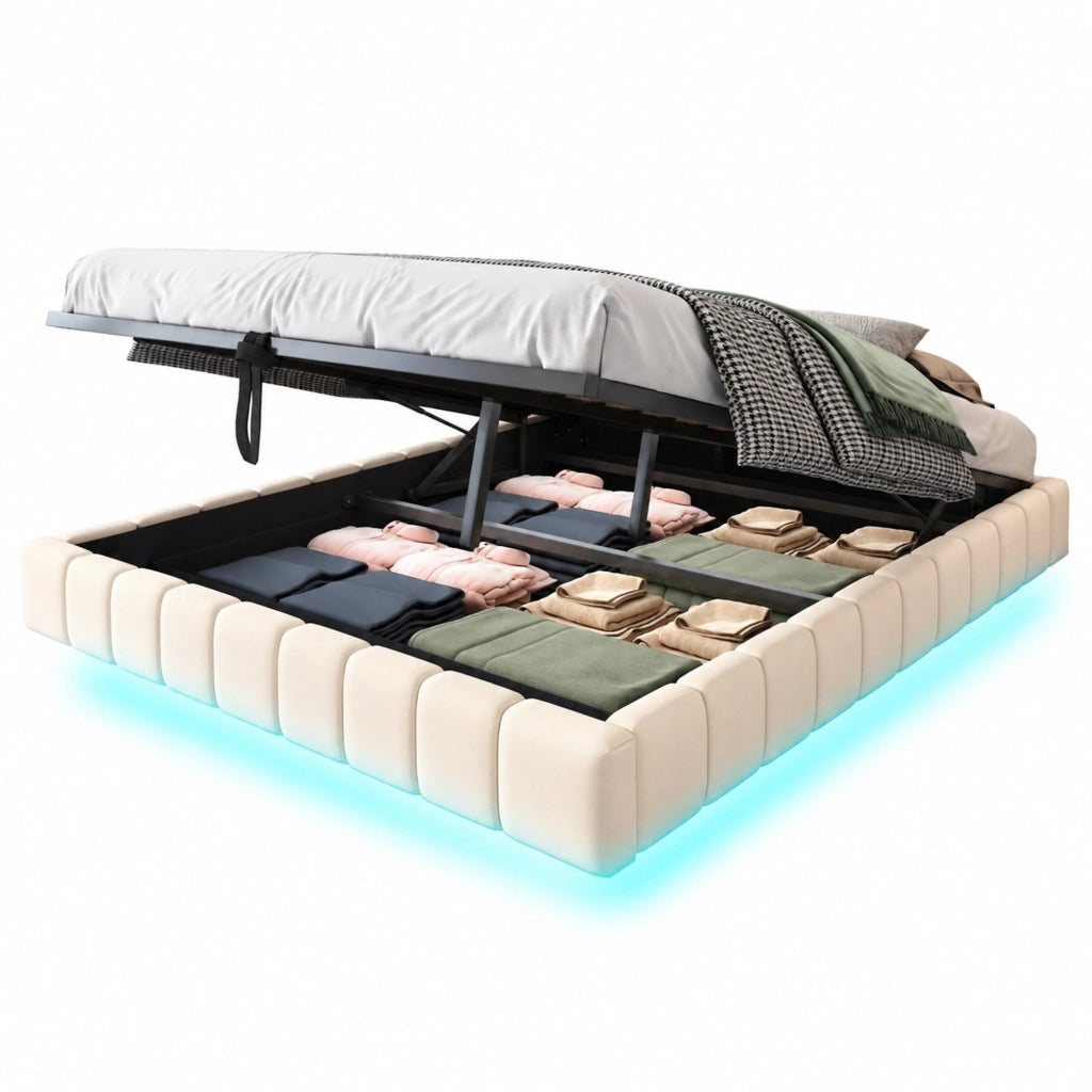 Letto matrimoniale imbottito 160x200 cm sospeso con LED; contenitore; beige