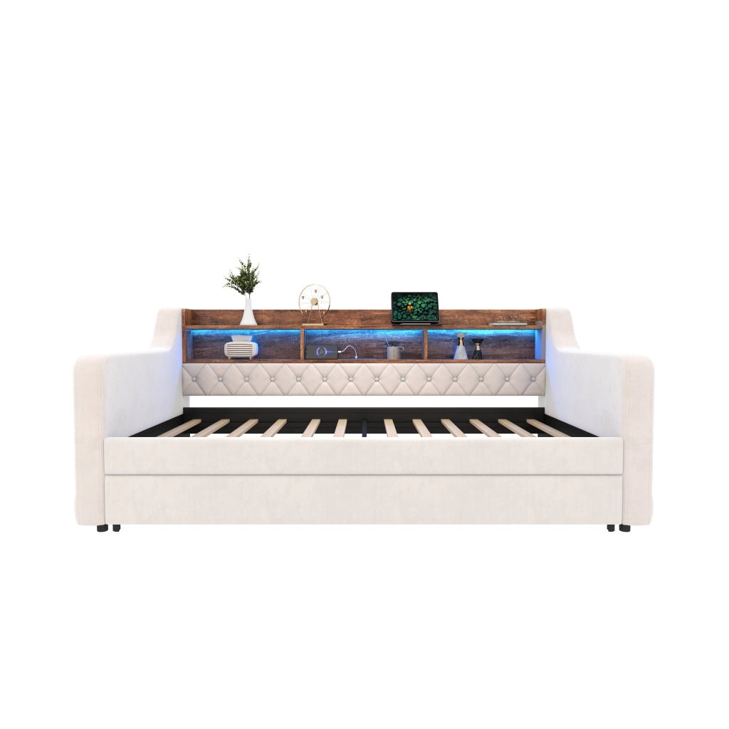Divano letto in velluto - Zephmum- 90x190 cm- Beige- Spazio di archiviazione, LED, USB-C, 12 doghe