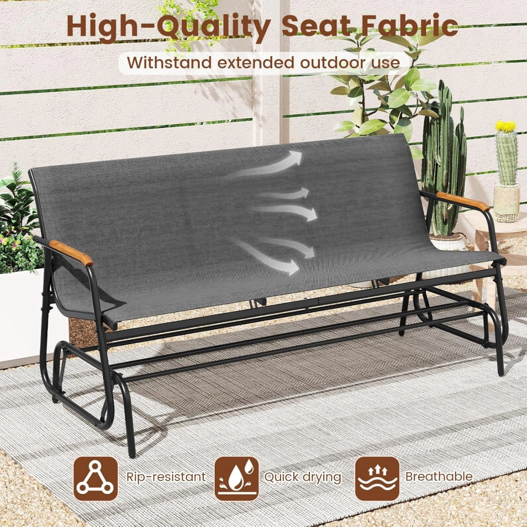 Panca a dondolo da 2/3 posti, sedia a dondolo da giardino in tessuto con braccioli curvi in legno massello, panca a dondolo con carico 300/450 kg, per terrazza, esterno (74 x 169 x 84 cm)