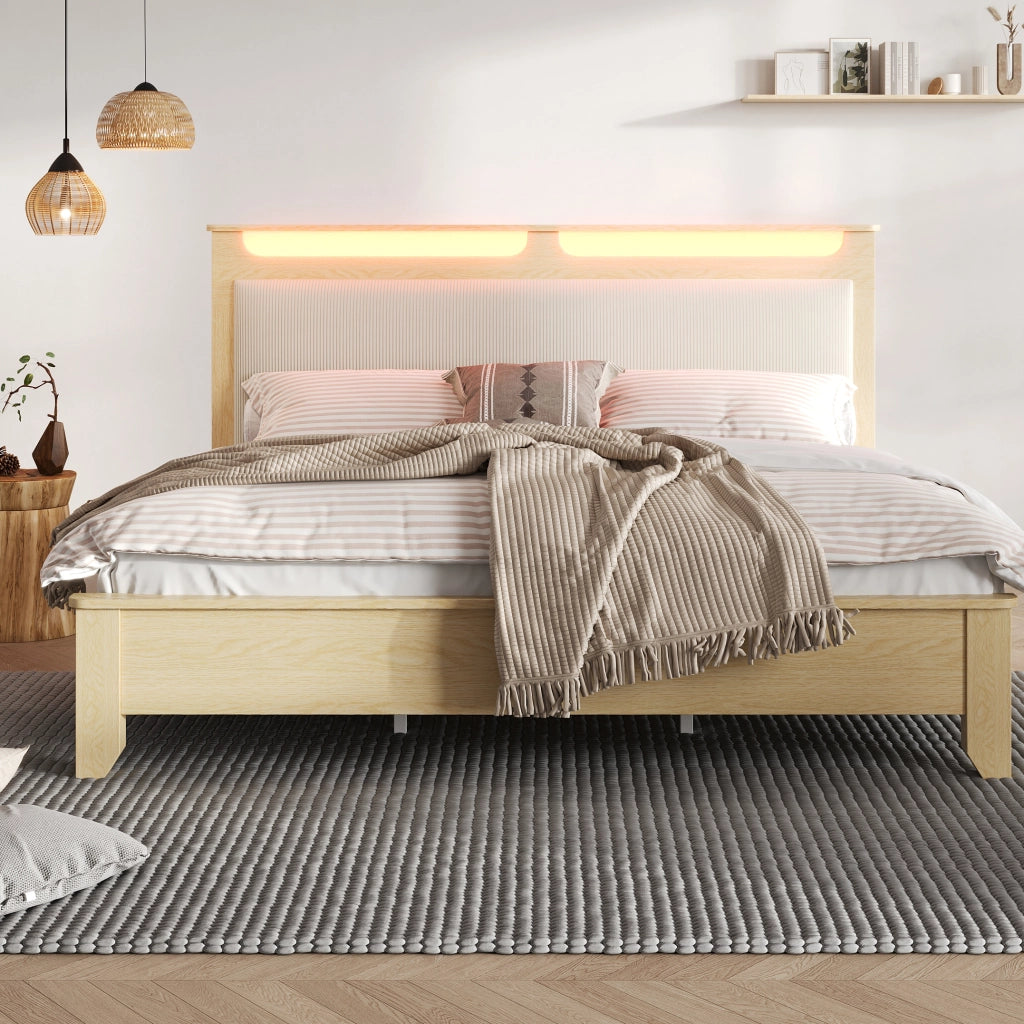 LETTO matrimoniale 160x200 cm con testiera contenitore LED rovere chiaro e beige