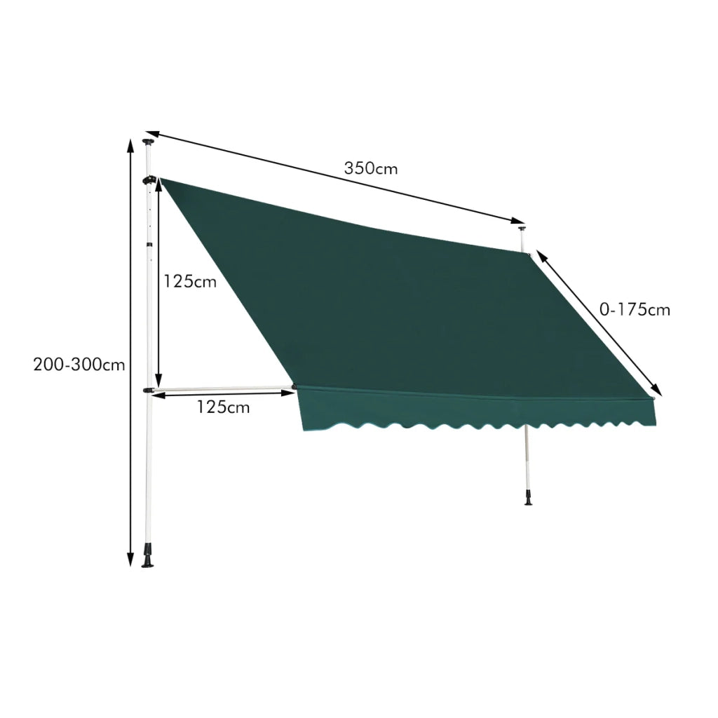 Tenda da sole retrattile 350 x 200-300 cm con manovella e regolazione in altezza design moderno in alluminio verde 20_0010441