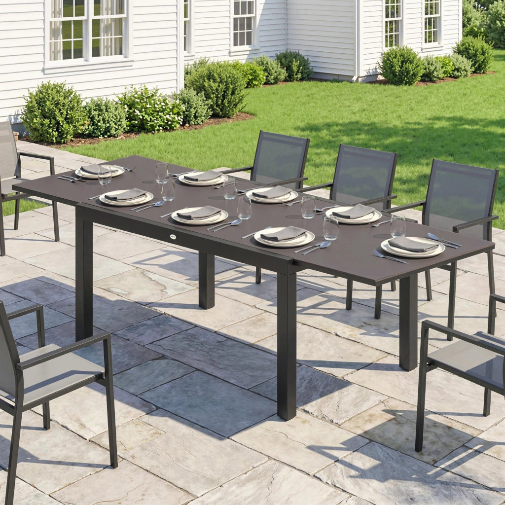 Tavolo da Giardino Allungabile per 8-10 Persone con Piano in Vetro Temperato, in Alluminio, 140/240x90 cm, Nero