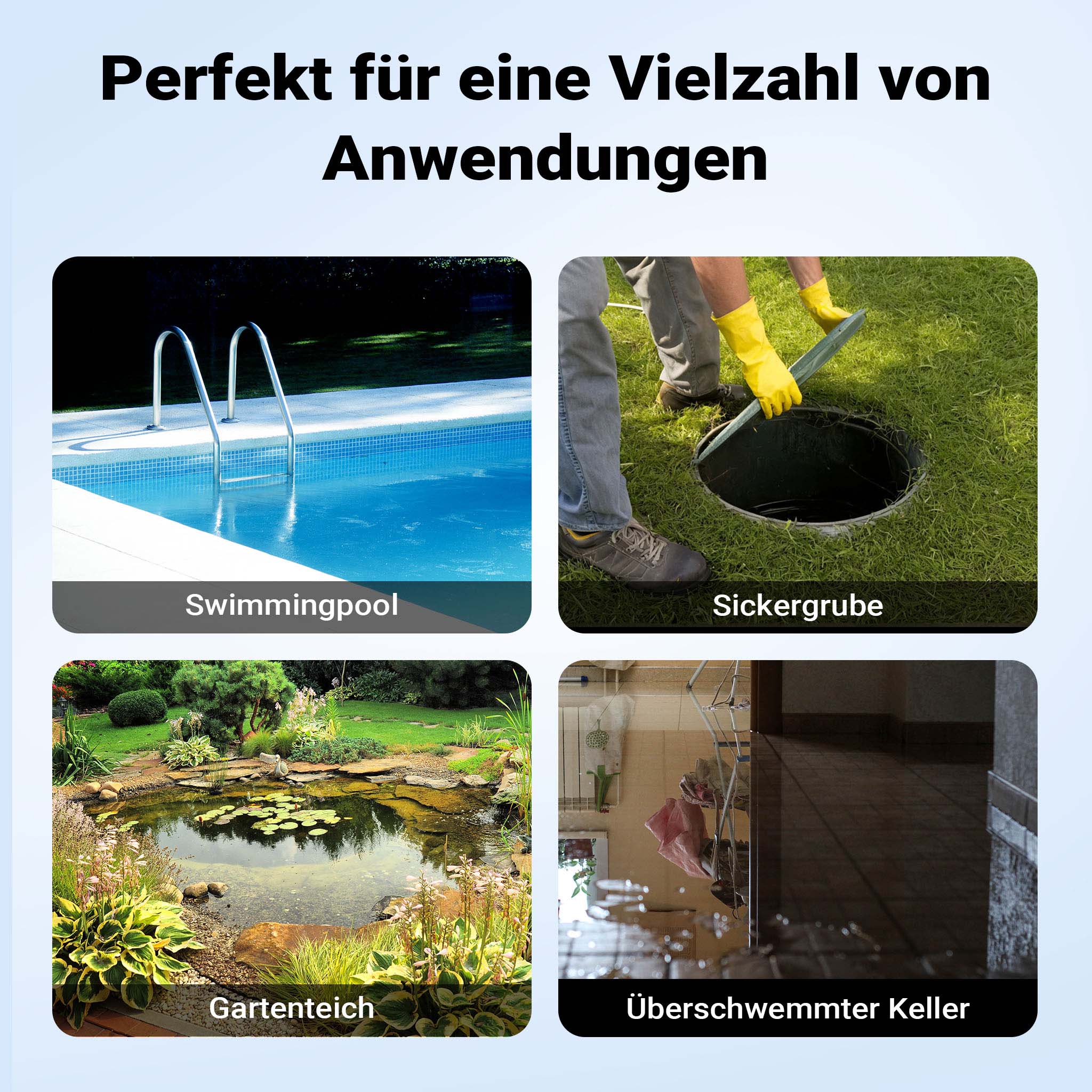 Pompa sommersa ad aspirazione piatta 3in1 1100 W, portata 18000 l/h, per acque chiare e scure, con galleggiante e termoregolazione, per cantine, stagni, piscine, pozzi