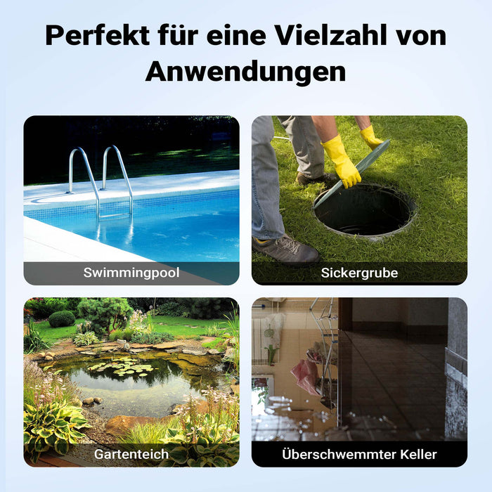 Pompa sommersa ad aspirazione piatta 3in1 1100 W, portata 18000 l/h, per acque chiare e scure, con galleggiante e termoregolazione, per cantine, stagni, piscine, pozzi