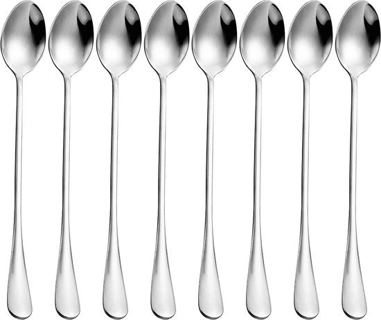 Set di 8 cucchiai in acciaio inox per macchiato con manico lungo - cappuccino - caffè - cocktail - bicchieri per latte - bicchieri per cocktail in argento.
