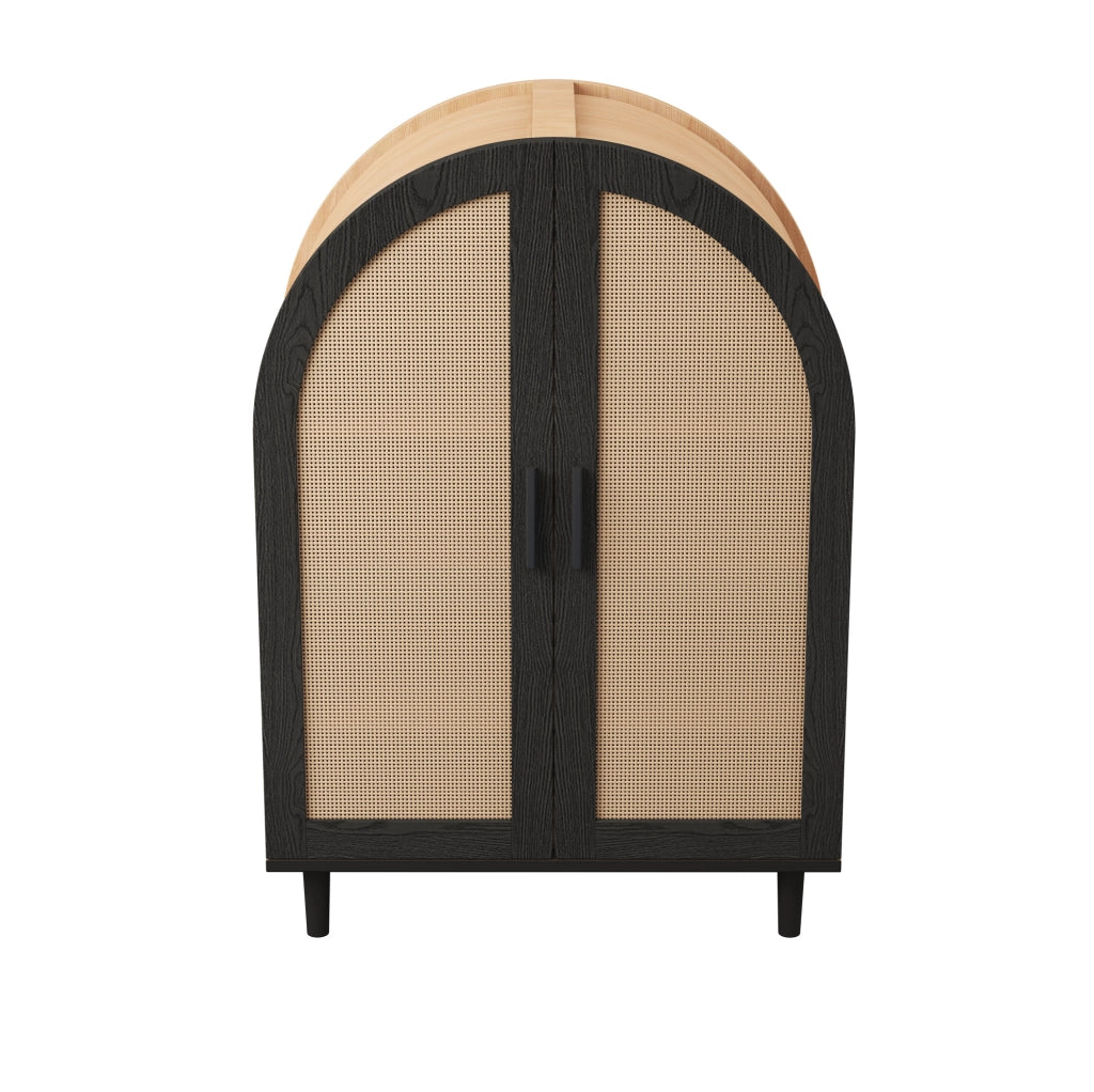Scarpiera sideboard con ante in rattan; 70x40x100 cm; in MDF e truciolare; naturale e nero