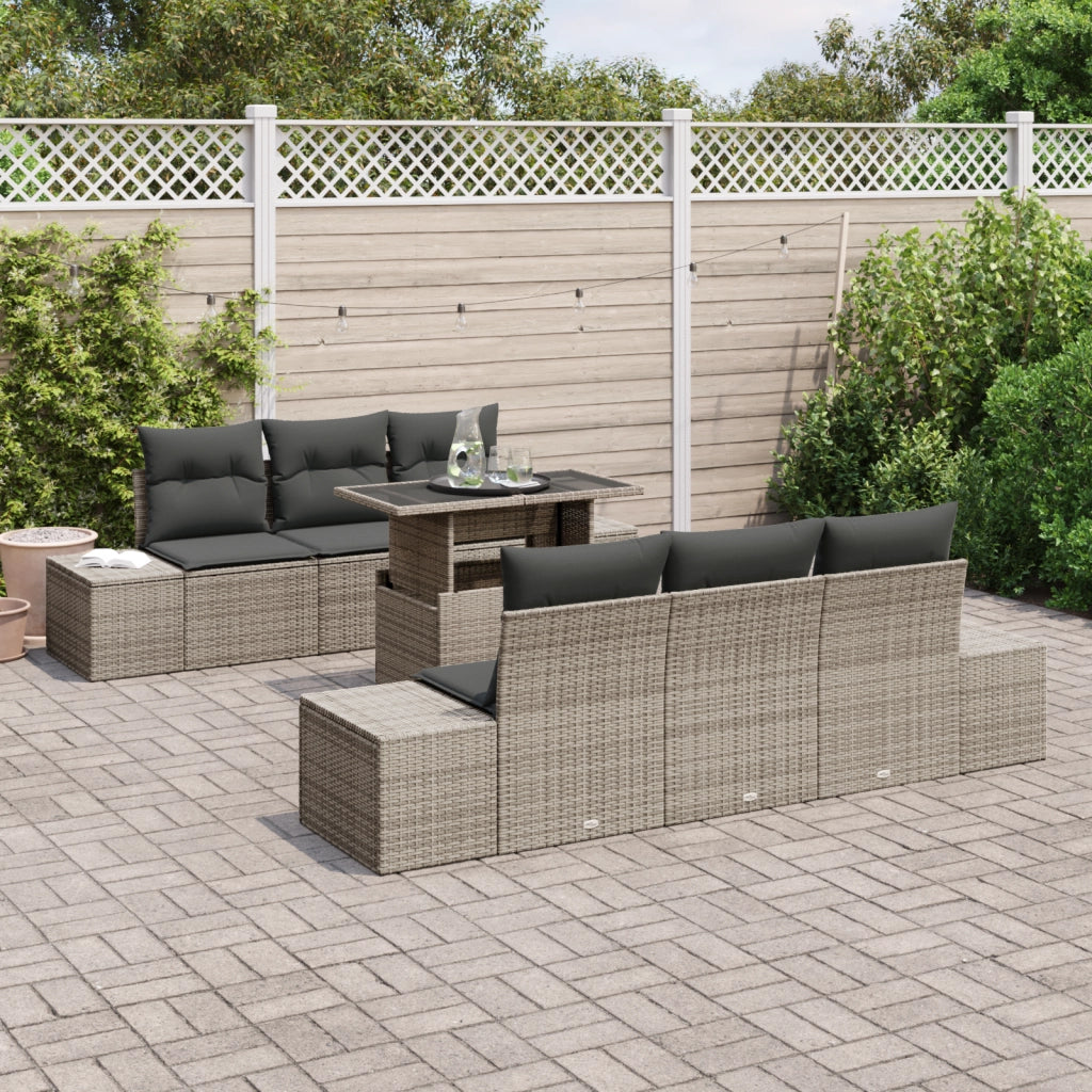 Set Divano da Giardino di 7 Pezzi con Cuscini Grigio Polyrattan