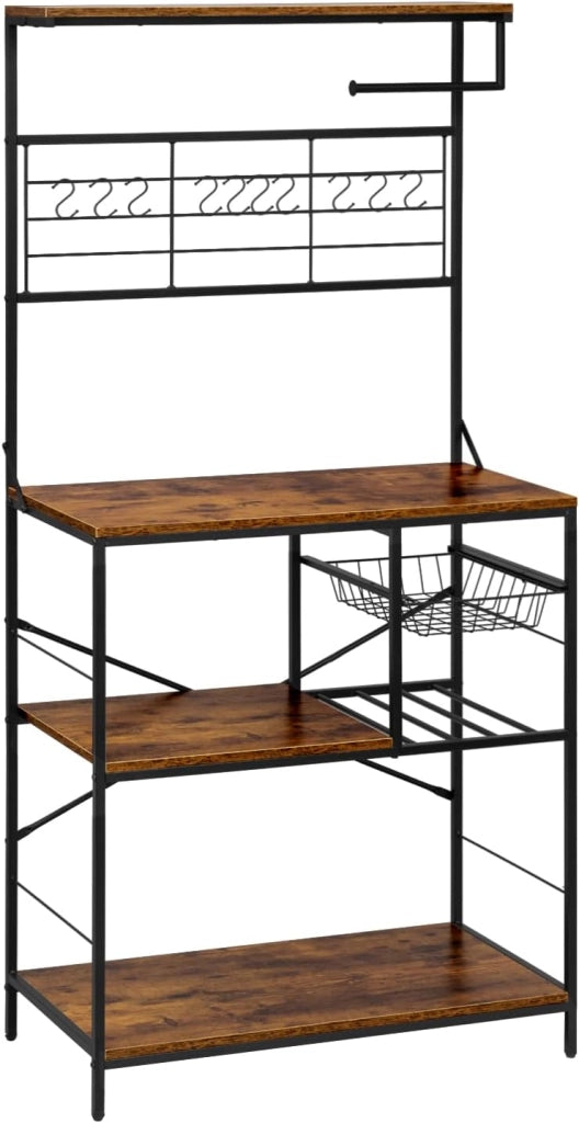 Scaffale da Cucina a 4 Livelli, Scaffale per Microonde con 10 Ganci, Cestino Estraibile, Supporto per Rotolo da Cucina, Struttura in Metallo, 80x40x168cm, Marrone Rustico+Nero