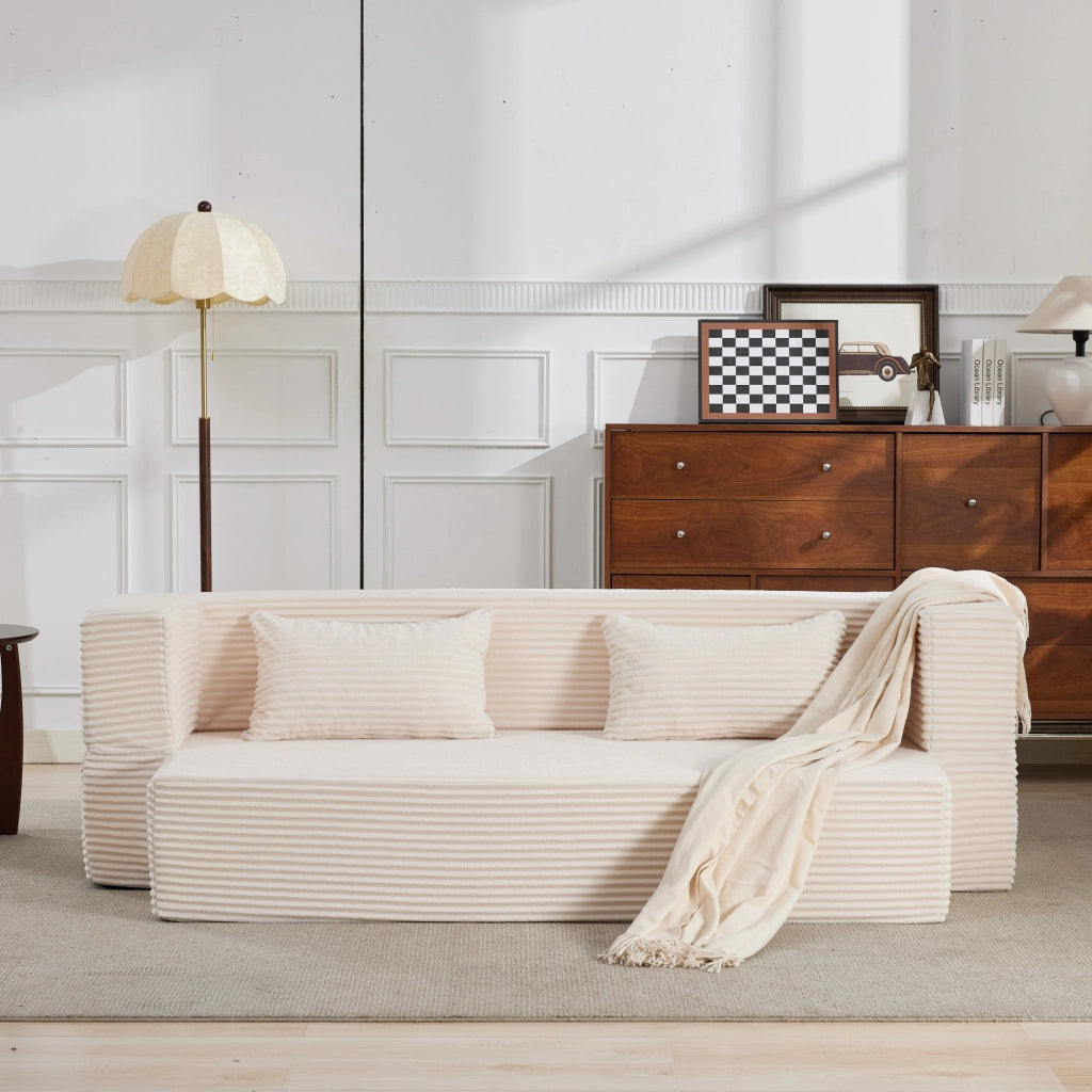 Divano letto modulare a terra 3 posti in tessuto a coste con funzione letto e 2 cuscini, senza montaggio, beige