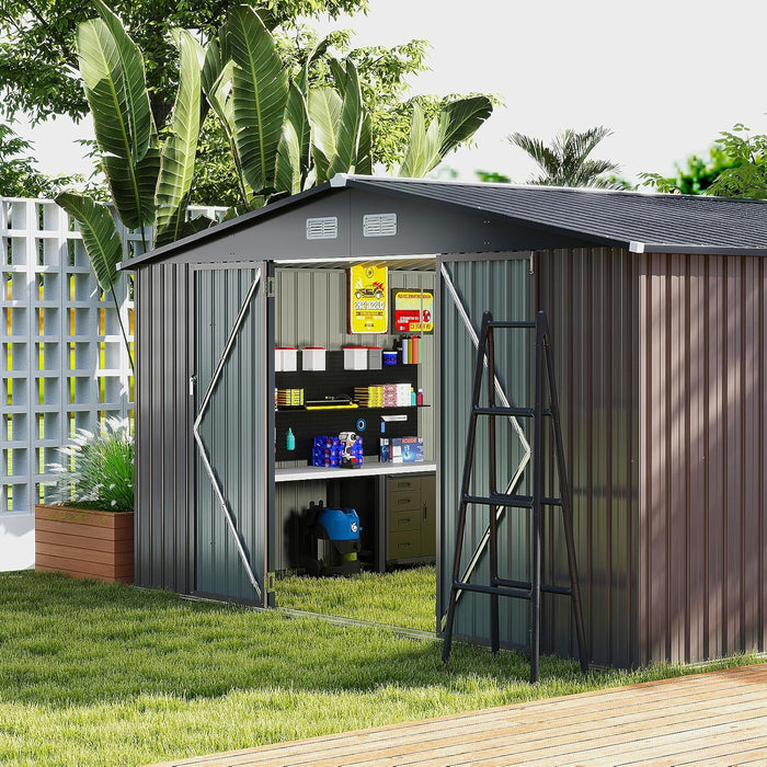 Capanno da Giardino, Casetta Porta Attrezzi con Tetto Inclinato, Porte Bloccabili e Chiavi e 4 Ventilazioni, Organizzatore per Attrezzi da Cortile e Patio, 350 x 350 x 198 cm