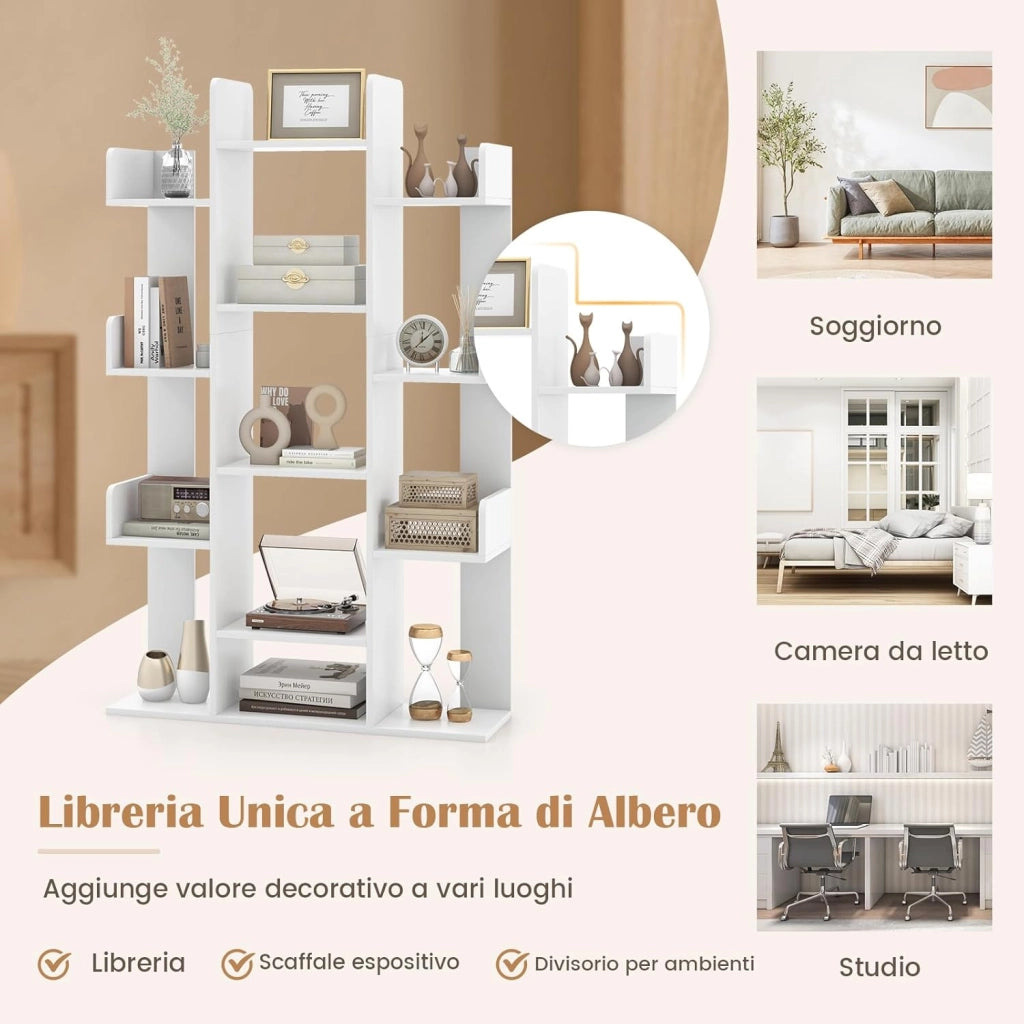 Libreria a Forma di Albero, Scaffale Multiuso con 13 Ripiani Aperti, Scaffale Decorativo Autoportante a Cubo per Soggiorno Studio o Ufficio, 86x24,5x141 cm (Bianco)