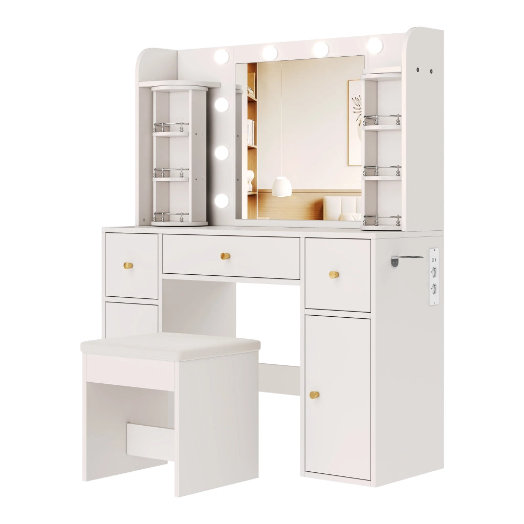 Toeletta con specchio LED dimmerabile; organizer girevole e USB-C; 115x40x142 cm; bianca