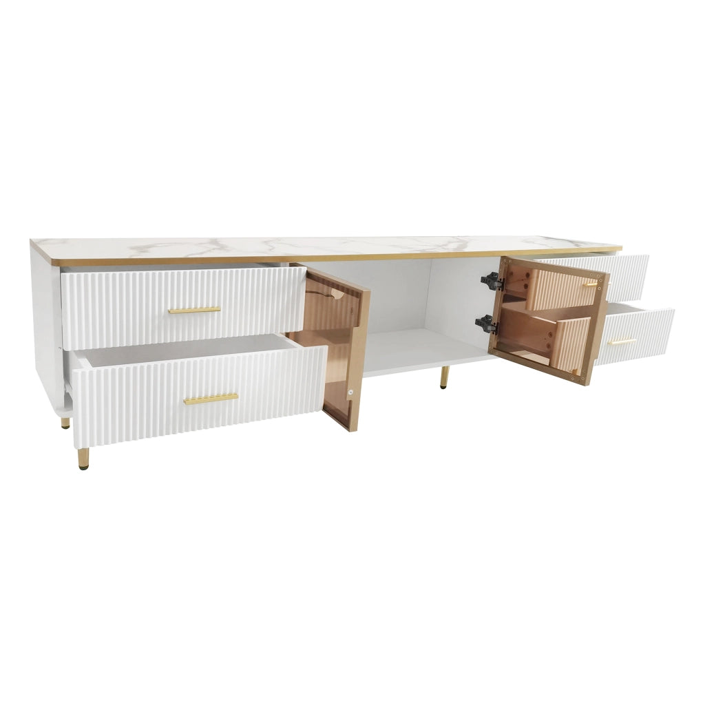 TV Schrank in Marmoroptik - Zephmum - 170x37x47,5cm - LED-Beleuchtung, 4 Schubladen, Glasfronten