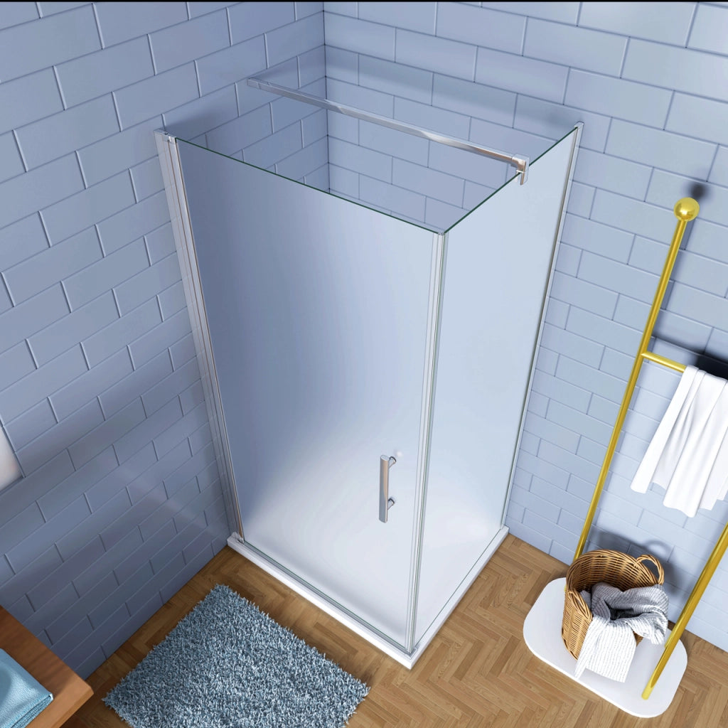 195cm Box Doccia Angolare Porta Battente con Parete Fissa 90x90cm in Vetro Temperato Satinato Opaco 6 mm Anticalcare con Barra Stabilizzatrice 140 cm (montaggio verso irreversibile)