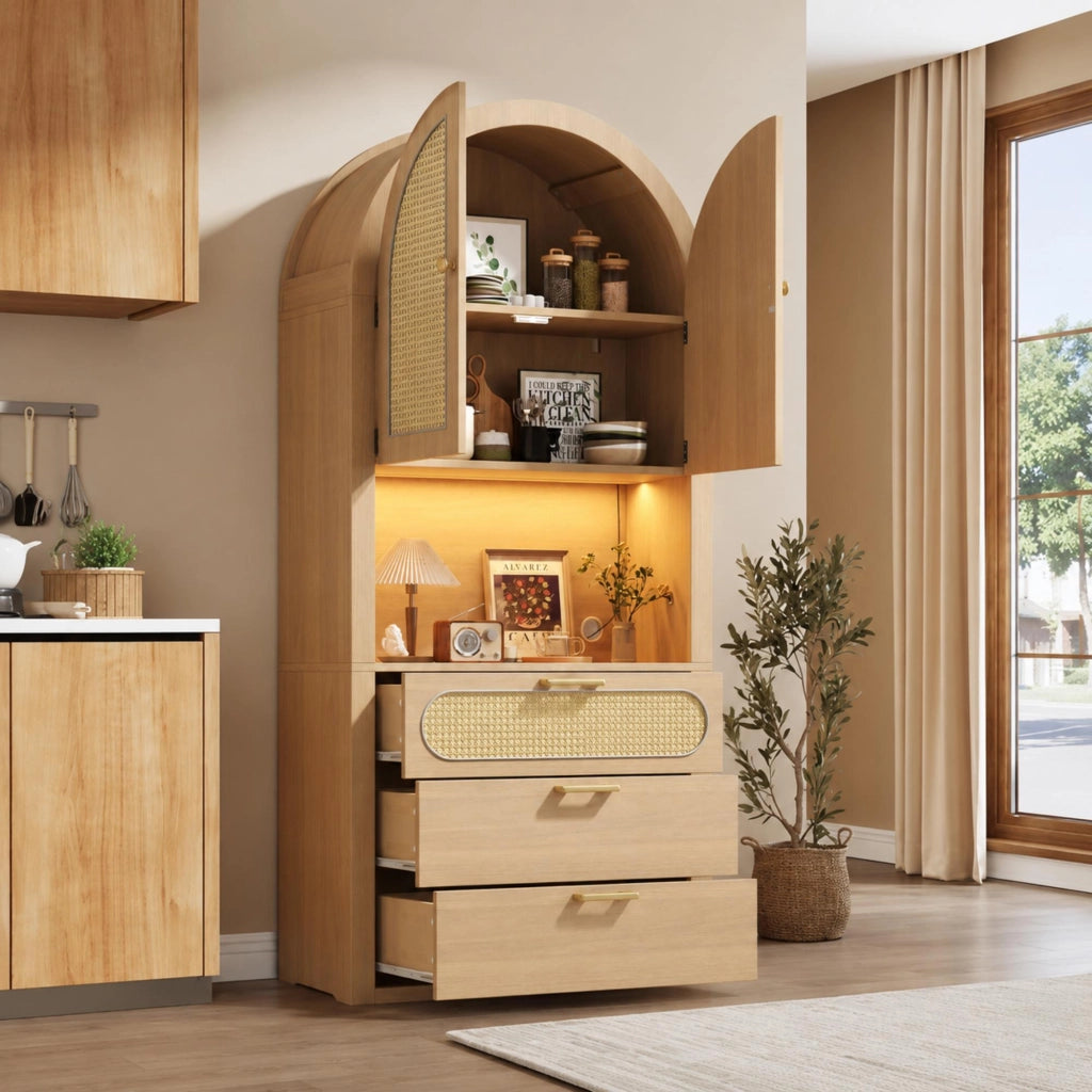Credenza con 2 ripiani, 1 vano espositivo, 3 cassetti e LED, per soggiorno, in MDF, rovere chiaro, 80 × 35 × 180 cm