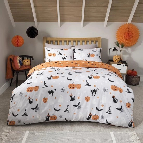 Set di coperte per letto Halloween pompon con cuscini, dimensioni king size (230 cm x 220 cm)