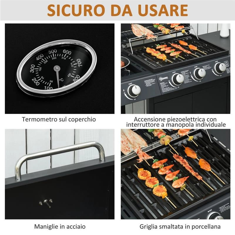 BARBECUE A GAS CON COPERCHIO, 4 BRUCIATORI DA 11.6KW, FORNELLO, MENSOLA E 2 RUOTE, 110X50X100 CM NERO