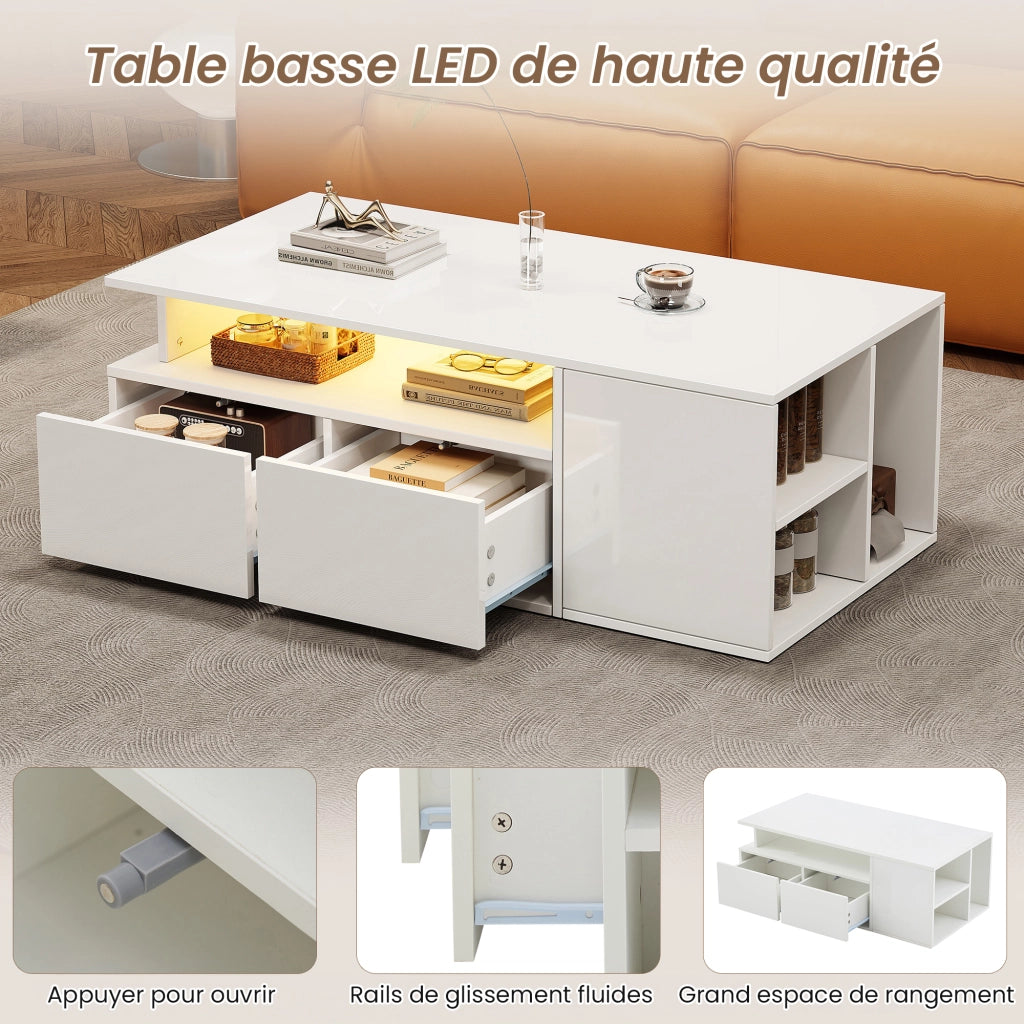 Tavolino da Salotto con 2 Cassetti e LED; Contenimento a 3 Livelli; Bianco Lucido; in Truciolare; 100×50×35 cm