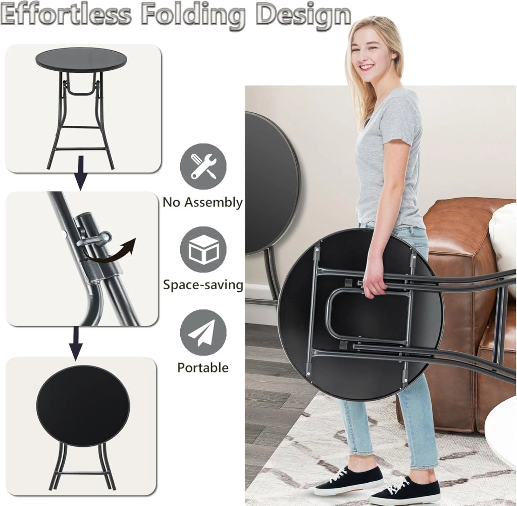 Tavolino Pieghevole da Giardino, Tavolino Rotondo Ø 59 cm, Tavolini da Esterno con Ripiano in Vetro Temperato, Tavolo da Balcone Struttura in Metallo, per Terrazza, Veranda, Piscina, Nero