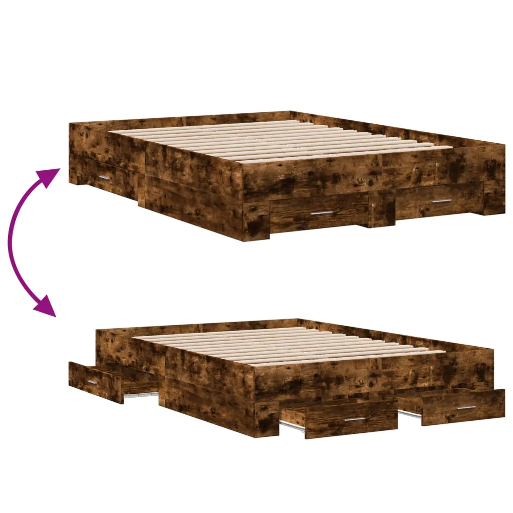 Letto matrimoniale | Letto per adulti | Giroletto con Cassetti Rovere Fumo 140x190 cm Legno Multistrato