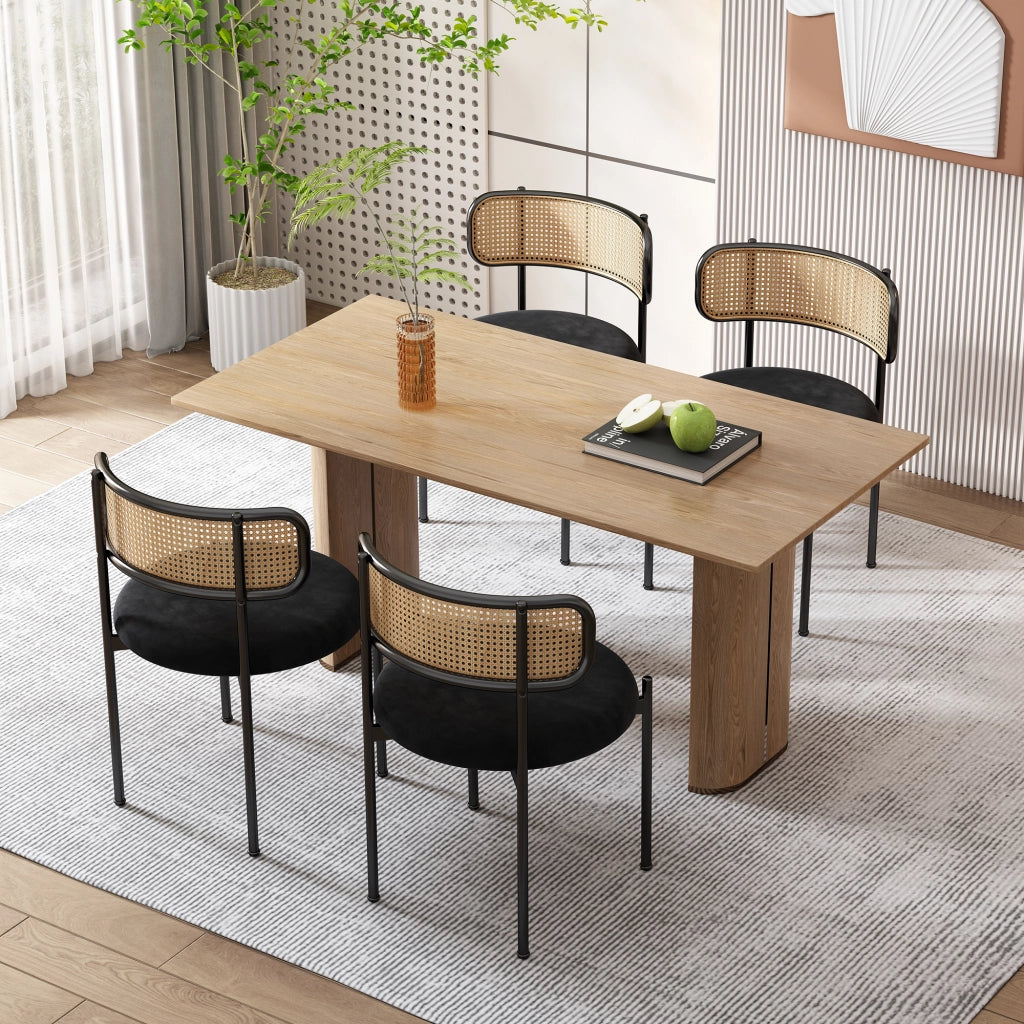 Set di 6 sedie da pranzo in velluto nero con schienale in rattan, gambe in metallo, design moderno