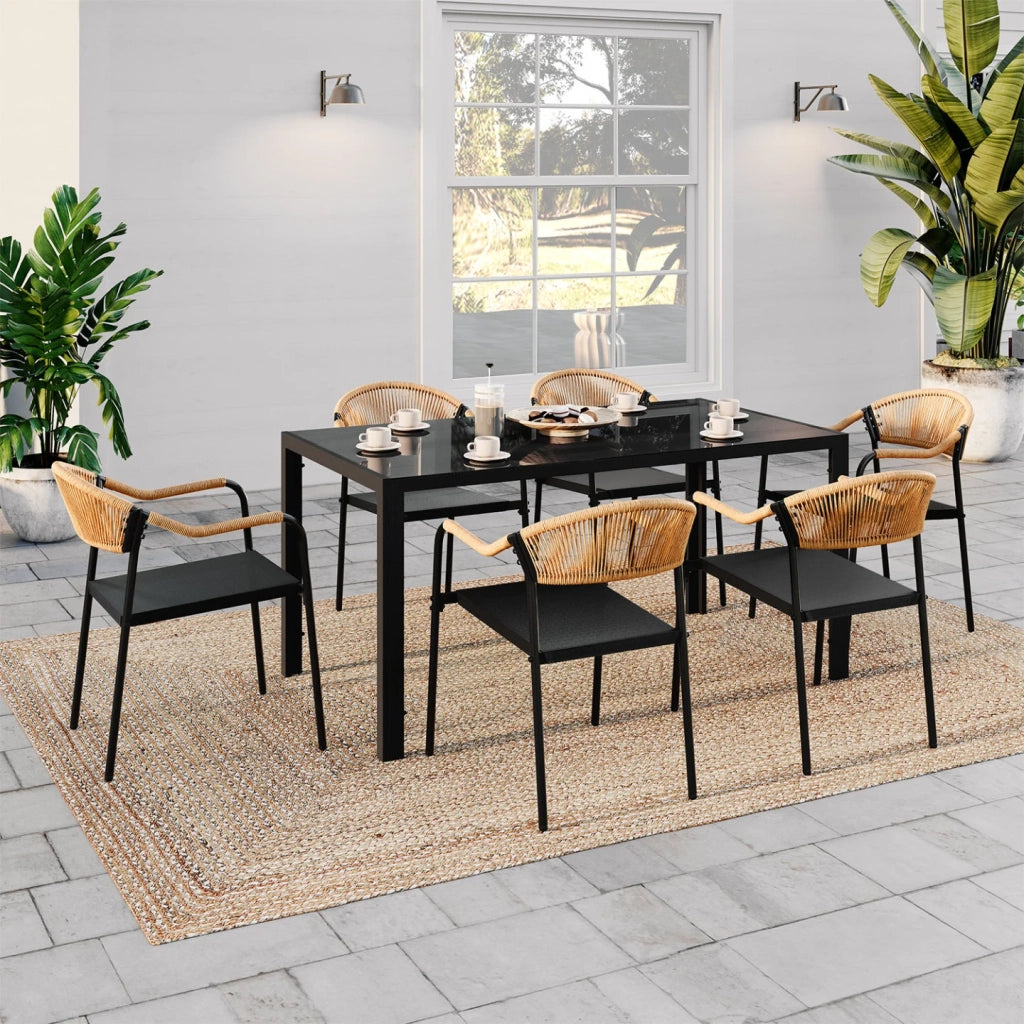IDMarket - Set di mobili da giardino MADEIRA tavolo 150 cm e 6 sedie in corda e textilene nero e rattan chiaro