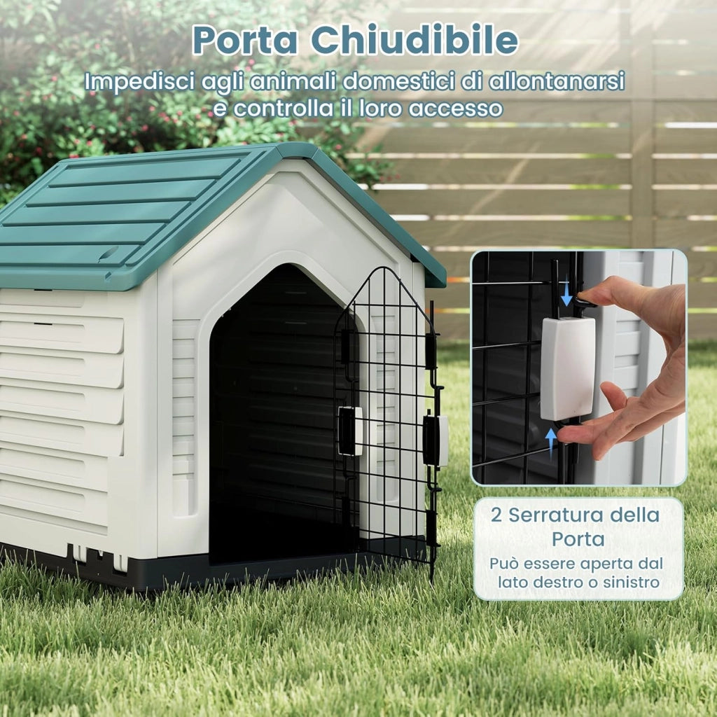 Cuccia per Cani da Esterno ed Interno, Cassetta per Cani Impermeabile con Porta in Metallo Bloccabile e Prese d'aria e Tetto Spiovente, Cucce per Cuccioli per Casa, 66,5 x 52 x 60 cm (Blu)