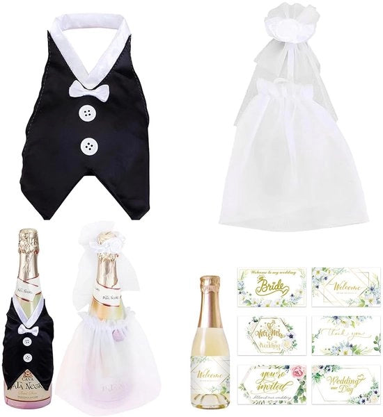 Decorazione per bottiglia di vino 2 pezzi - Decorazione per tavola di matrimonio - Regalo di matrimonio - Copricapo per bottiglia di vino - Polyester/Tule - Inclusi 12 adesivi - Decorazione per bottiglia di vino